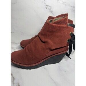 Fly London Yebi Ankle Boots Womens 38 US 8 Burgundy Red Suede Leather Wedge